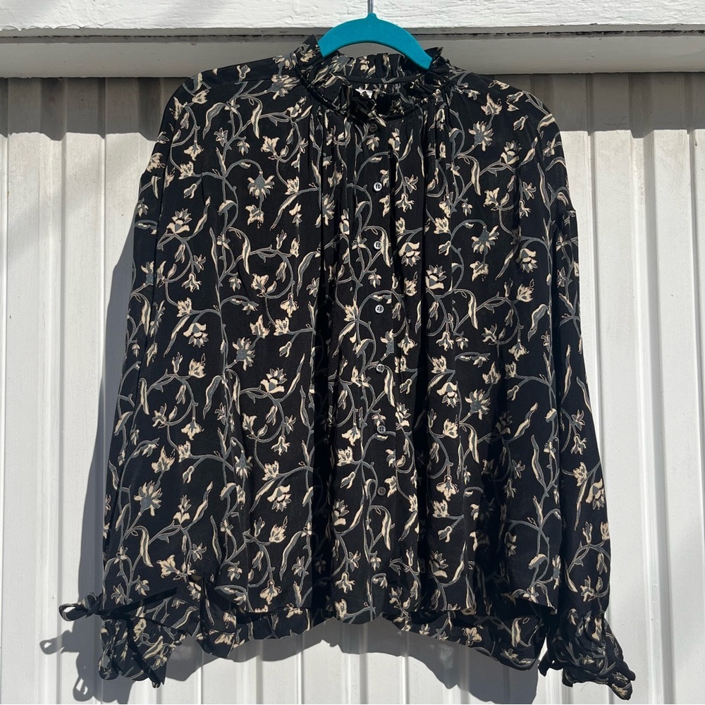 DOEN black floral print ruffle long puff sleeve button up blouse